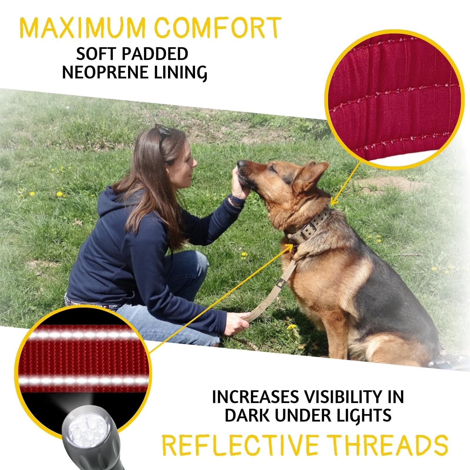 Adityna Heavy Duty Dog Collar For Medium Dogs - Reflective Burgundy Collar With Handle For Training, And Walking - Wide, Thick,